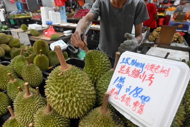 Durians are displayed for sale at a market in Singapore on June 24, 2026. (Photo by Roslan RAHMAN / AFP)