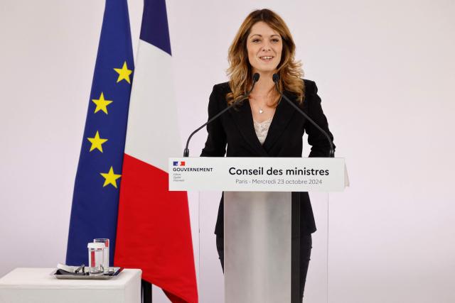 (FILES) French government's spokesperson Maud Bregeon holds a press conference following the weekly cabinet meeting, at the Segur building in Paris, on October 23, 2024. Maud Bregeon announced on June 29, 2026 that she would support former Prime Minister Йdouard Philippe’s (Horizons) presidential bid and would attend his rally scheduled for Sunday in Paris. (Photo by Ludovic MARIN / AFP)