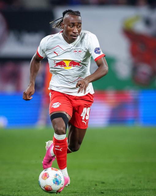Leipzig's Ivorian forward #49 Yan Diomande plays the ball during the German first division Bundesliga football match between RB Leipzig and Union Berlin in Leipzig, eastern Germany, on April 24, 2026. PSG are negotiating with RB Leipzig over a transfer for Ivorian striker Yan Diomande, who has informed the club that he wants to join Paris next season, AFP learned on June 28, 2026 from a source close to the matter. (Photo by Ronny HARTMANN / AFP)