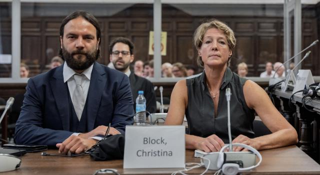 Defendant, German entrepreneur and gastronome Christina Block (R) sits next to her lawyer Ingo Bott (L) prior to the continuation of the trial over alleged child abduction at the Criminal Court building in Hamburg, northern Germany, on June 29, 2026. The public prosecutor's office accuses Block, heiress of a steakhouse chain, of ordering the abduction of her daughter, born in 2010, and her son, born in 2013. According to the indictment, the background to this is an escalating custody dispute over many years between Block and her former husband, who have four children together. (Photo by Markus Scholz / POOL / AFP)