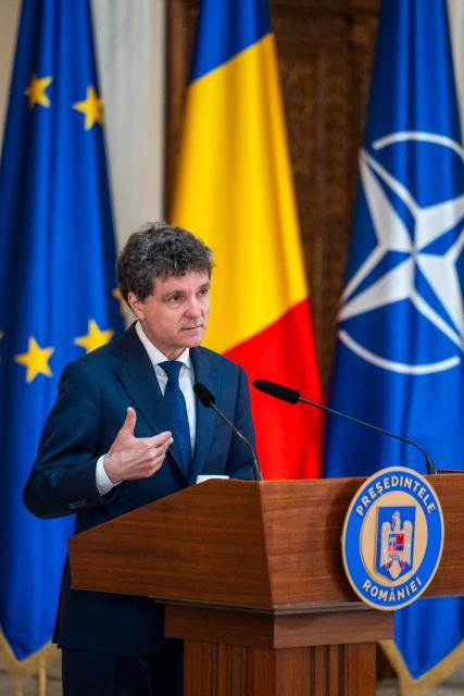 Romanian President Nicusor Dan gestures during a press conference with Israeli President Isaac Herzog (not in picture) at the Cotroceni Presidential Palace, in Bucharest, Romania, on June 29, 2026. (Photo by Mihai Barbu / AFP)