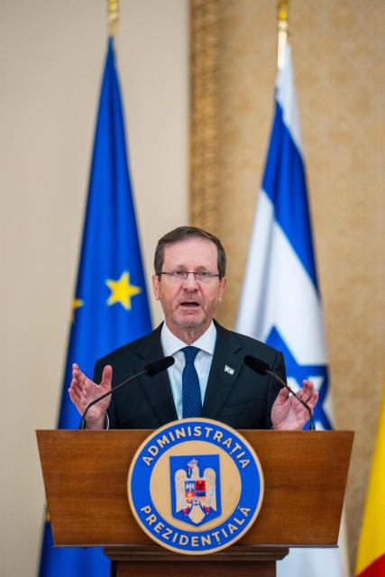 Israeli President Isaac Herzog speaks during a press conference with Romanian President Nicusor Dan (not in picture) at the Cotroceni Presidential Palace, in Bucharest, Romania, on June 29, 2026. (Photo by Mihai Barbu / AFP)