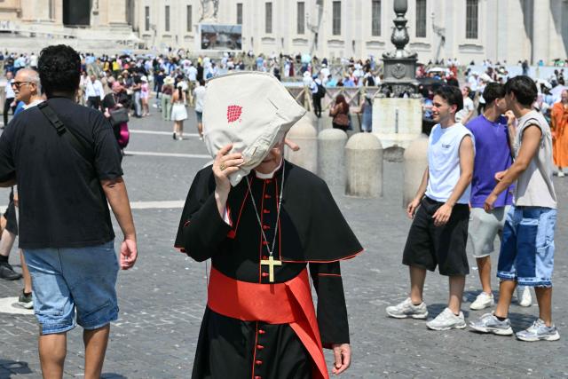A cardinal shields from the sun as he crosses St Peter's square after a mass on the Solemnity of Saints Peter and Paul, Rome's patron saints, at St Peter's basilica in The Vatican, on June 29, 2026. (Photo by Alberto PIZZOLI / AFP)