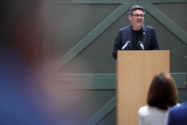 Labour MP and challenger for Leader of the Labour party, Andy Burnham, delivers a speech in Manchester, northern England, on June 29, 2026. Burnham, the frontrunner to become Britain's next prime minister, set out his economic agenda on Monday, in his first major policy announcement since Keir Starmer resigned as premier last week. (Photo by Toby Shepheard / AFP)