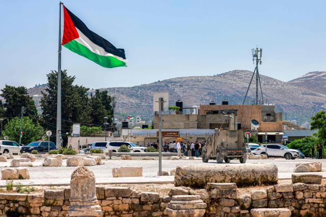 An Israeli army vehicles are pictured during an official visit by a group of foreign diplomats accredited by the Palestinian Authority at the archaeological site of Sebastia, north of Nablus in the occupied West Bank, on June 29, 2026. (Photo by Jaafar ASHTIYEH / AFP)