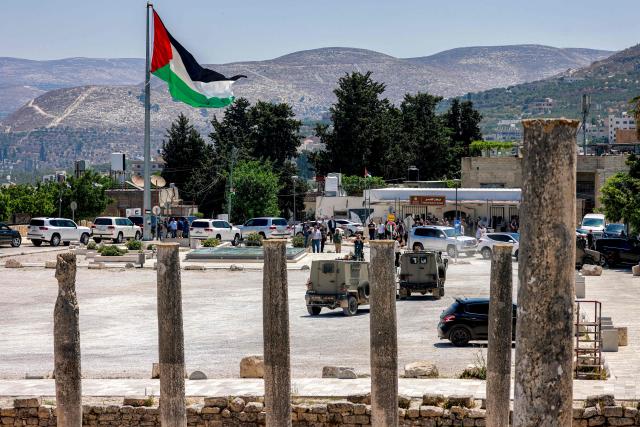An Israeli army vehicles are pictured during an official visit by a group of foreign diplomats accredited by the Palestinian Authority at the archaeological site of Sebastia, north of Nablus in the occupied West Bank, on June 29, 2026. (Photo by Jaafar ASHTIYEH / AFP)