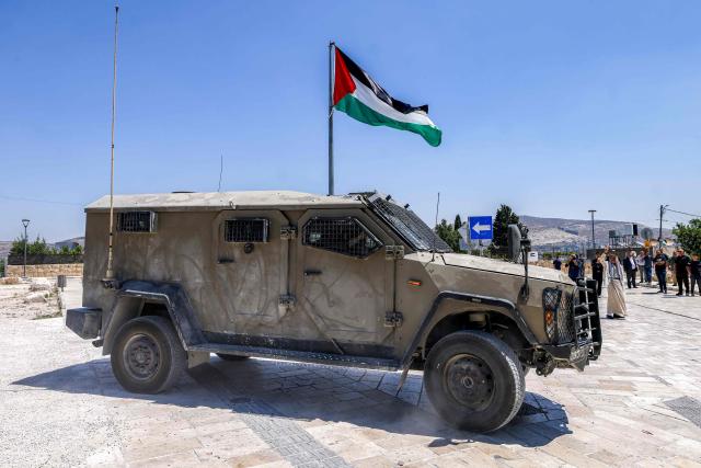 An Israeli army vehicle is pictured during an official visit by a group of foreign diplomats accredited by the Palestinian Authority at the archaeological site of Sebastia, north of Nablus in the occupied West Bank, on June 29, 2026. (Photo by JAAFAR ASHTIYEH / AFP)