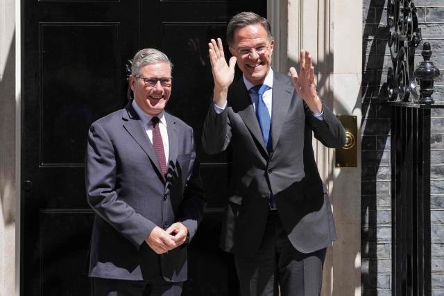 Britain's Prime Minister Keir Starmer (L) greets visiting NATO Secretary General Mark Rutte at 10 Downing Street before their meeting in central London on June 29, 2026. (Photo by CARLOS JASSO / AFP)