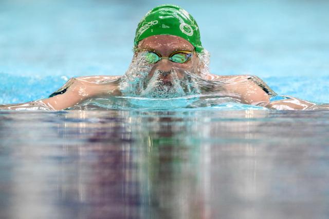 France’s Leo Marchand competes in a 200 metre men's breaststroke heat during the French national swimming championships in Saint-Etienne, central France on June 29, 2026. Lйon Marchand felt discomfort in a groin muscle during the 200m breaststroke heats and was forced to withdraw from the evening final of the event at the French Swimming Championships in Saint-Йtienne. (Photo by OLIVIER CHASSIGNOLE / AFP)