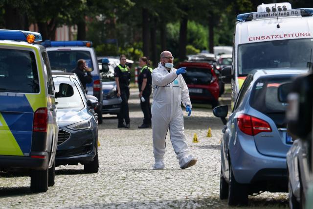 A forensic Police officer works near the scene where five people were killed in a shooting in Stade, northern Germany, a city some 50 kilometres west of Hamburg, on June 29, 2026. German police said five people were killed and others injured on June 29, 2026 in a shooting in a youth welfare facility in the northern city of Stade. Two people were arrested, including the suspected shooter, and there was now "no danger to the public", local police said in an update around 1215 GMT. (Photo by Ibrahim OT / AFP)