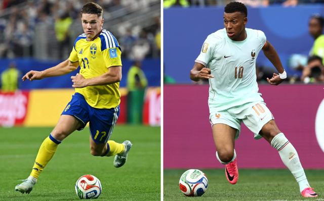 (COMBO) This combination of file photos created on June 29, 2026, Sweden's forward #17 Viktor Gyokeres in Arlington on June 25, 2026 (L); and France's forward #10 Kylian Mbappe in Foxborough on June 26, 2026. France and Sweden will meet during a 2026 World Cup round of 32 football match at the New York/New Jersey Stadium in East Rutherford on June 30, 2026. (Photo by Paul ELLIS and Charly TRIBALLEAU / AFP)