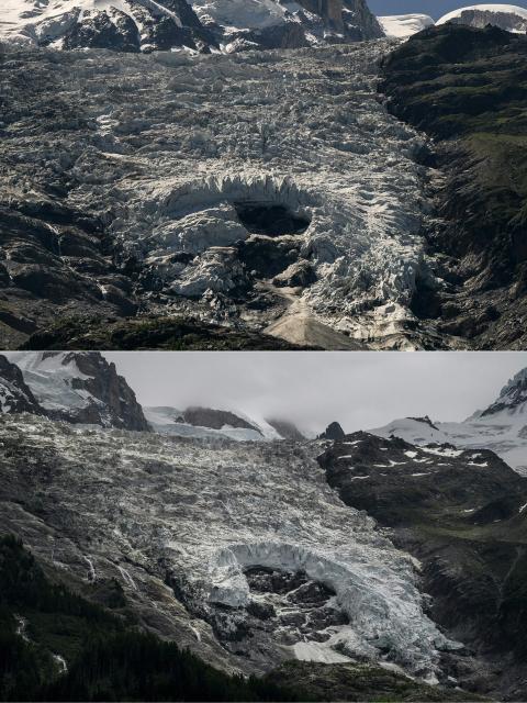 (COMBO) This combination of pictures created on June 29, 2026 shows a view of a hole that appeared on the Bossons glacier in Chamonix-Mont-Blanc, on July 11, 2025 (Top) and  the same view on June 17, 2026. (Photo by JEFF PACHOUD / AFP)