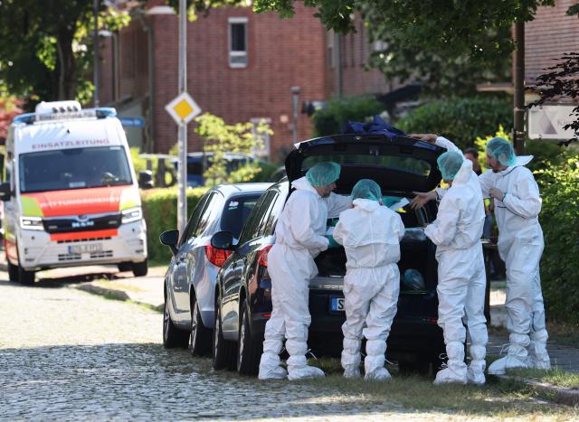 Police forensics work at the scene where six people were killed in a shooting in Stade, northern Germany, a city some 50 kilometres west of Hamburg, on June 29, 2026. A sixth person has died after a shooting at a youth centre in northern Germany on June 29, 2026, according to police, who said that the deadly shooting likely stems from "an extended family tragedy". All six of those killed in the shooting are adults, and one further person injured in the shooting is being treated but is "stable," a police spokesman told AFP. A male suspected shooter has been arrested, and two other people are being held in police custody whose connection with the deadly shooting remains under investigation, according to police. (Photo by Ibrahim OT / AFP)