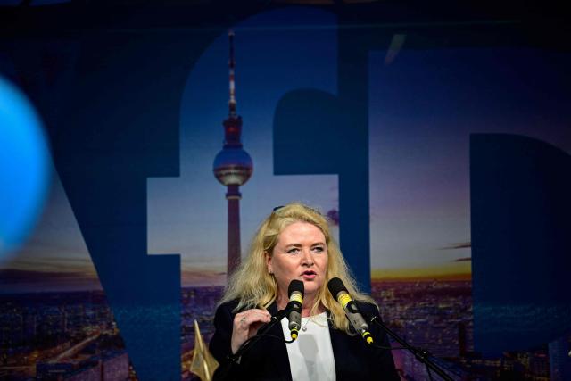 Kristin Brinker, the far-right Alternative for Germany party's top candidate for the regional elections in Berlin speaks at a campaign rally in front of the Berlin City Hall on June 29, 2026. (Photo by Tobias SCHWARZ / AFP)