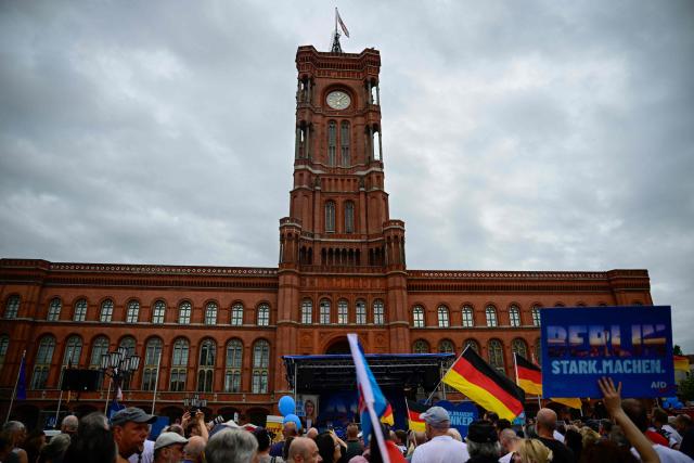 The far-right Alternative for Germany party holds a campaign rally in front of the Berlin City Hall on June 29, 2026. (Photo by Tobias SCHWARZ / AFP)