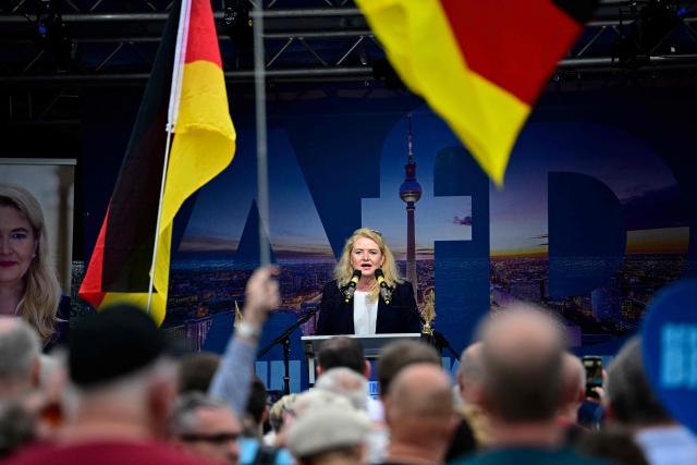 Kristin Brinker, the far-right Alternative for Germany party's top candidate for the regional elections in Berlin speaks at a campaign rally in front of the Berlin City Hall on June 29, 2026. (Photo by Tobias SCHWARZ / AFP)