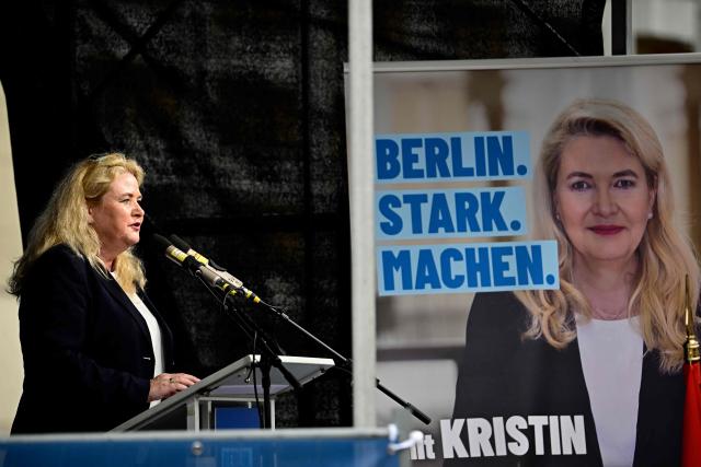 Kristin Brinker, the far-right Alternative for Germany party's top candidate for the regional elections in Berlin speaks at a campaign rally in front of the Berlin City Hall on June 29, 2026. (Photo by Tobias SCHWARZ / AFP)