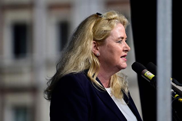 Kristin Brinker, the far-right Alternative for Germany party's top candidate for the regional elections in Berlin speaks at a campaign rally in front of the Berlin City Hall on June 29, 2026. (Photo by Tobias SCHWARZ / AFP)
