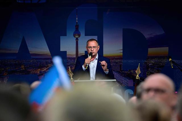 Tino Chrupalla, co-leader of the far-right Alternative for Germany party speaks at a campaign rally in front of the Berlin City Hall on June 29, 2026. (Photo by Tobias SCHWARZ / AFP)
