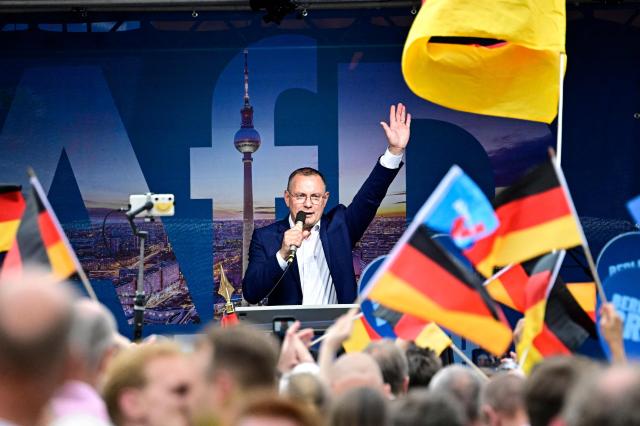 Tino Chrupalla, co-leader of the far-right Alternative for Germany party speaks at a campaign rally in front of the Berlin City Hall on June 29, 2026. (Photo by Tobias SCHWARZ / AFP)