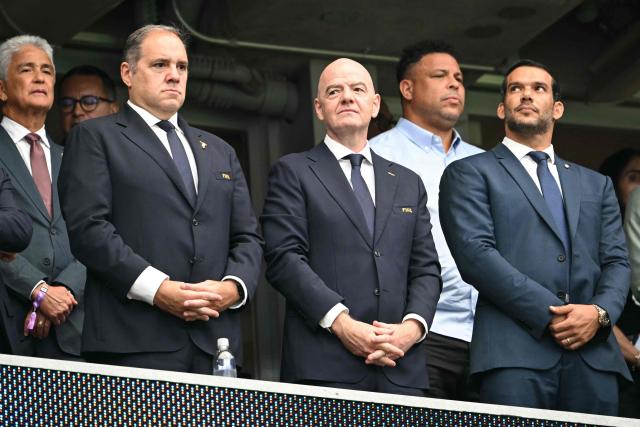 Fifa president Gianni Infantino (C) stands in the tribune ahead of the 2026 World Cup round of 32 football match between Brazil and Japan at the Houston Stadium in Houston on June 29, 2026.  (Photo by RONALDO SCHEMIDT / AFP)