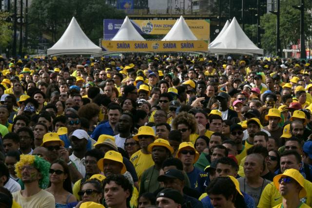 Brazilian fans watch the live broadcast of the 2026 World Cup football match between Brazil and Japan at the Anhangabau Fan Zone in Sao Paulo, Brazil, on June 29, 2026. (Photo by NELSON ALMEIDA / AFP)