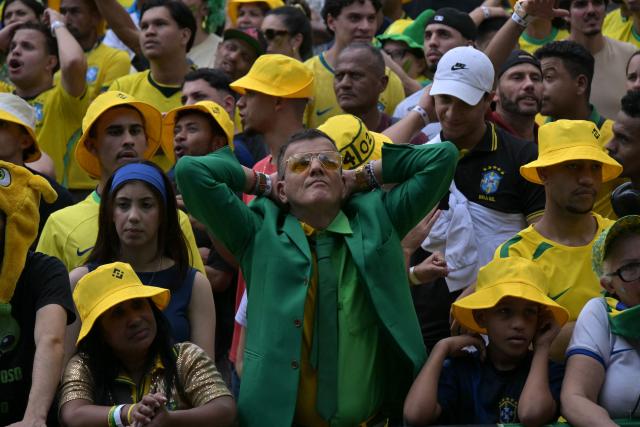 Brazilian fans watch the live broadcast of the 2026 World Cup football match between Brazil and Japan at the Anhangabau Fan Zone in Sao Paulo, Brazil, on June 29, 2026. (Photo by NELSON ALMEIDA / AFP)