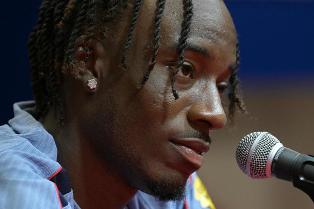 England's forward #20 Noni Madueke gives a press conference ahead of the team's 2026 World Cup football tournament round of 32 match against Democratic Republic of Congo at KC Parks in Kansas City on June 29, 2026. (Photo by JUAN MABROMATA / AFP)