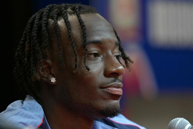 England's forward #20 Noni Madueke gives a press conference ahead of the team's 2026 World Cup football tournament round of 32 match against Democratic Republic of Congo at KC Parks in Kansas City on June 29, 2026. (Photo by JUAN MABROMATA / AFP)