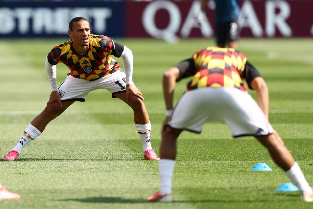 Germany's forward #19 Leroy Sane warms up ahead of the 2026 World Cup round of 32 football match between Germany and Paraguay at the Boston Stadium in Foxborough on June 29, 2026.  (Photo by CHARLY TRIBALLEAU / AFP)