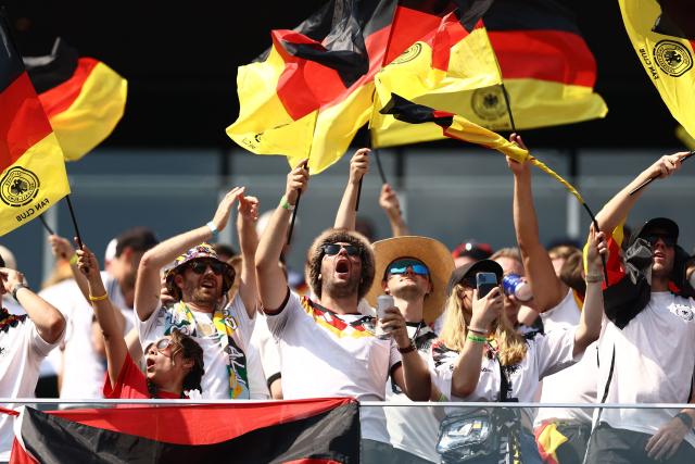 German fans cheer for their ahead of the 2026 World Cup round of 32 football match between Germany and Paraguay at the Boston Stadium in Foxborough on June 29, 2026.  (Photo by CHARLY TRIBALLEAU / AFP)