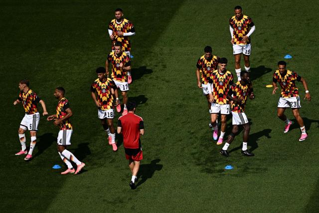 Germany's players warm up ahead of the 2026 World Cup round of 32 football match between Germany and Paraguay at the Boston Stadium in Foxborough on June 29, 2026.  (Photo by Jewel SAMAD / AFP)