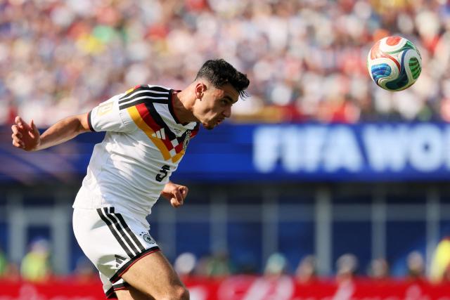 Germany's defender #05 Aleksandar Pavlovic heads the ball during the 2026 World Cup round of 32 football match between Germany and Paraguay at the Boston Stadium in Foxborough on June 29, 2026.  (Photo by Odd ANDERSEN / AFP)
