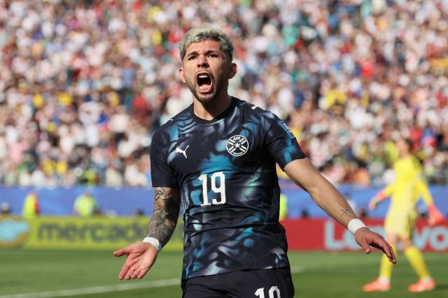 Paraguay's midfielder #19 Julio Enciso celebrates scoring his team's first goal during the 2026 World Cup round of 32 football match between Germany and Paraguay at the Boston Stadium in Foxborough on June 29, 2026.  (Photo by Odd ANDERSEN / AFP)
