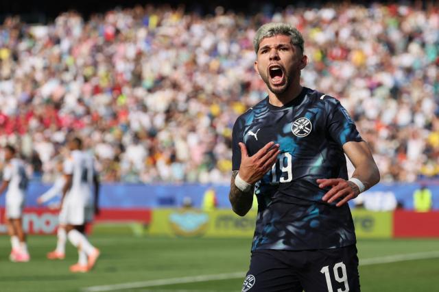 Paraguay's midfielder #19 Julio Enciso celebrates scoring his team's first goal during the 2026 World Cup round of 32 football match between Germany and Paraguay at the Boston Stadium in Foxborough on June 29, 2026.  (Photo by Odd ANDERSEN / AFP)