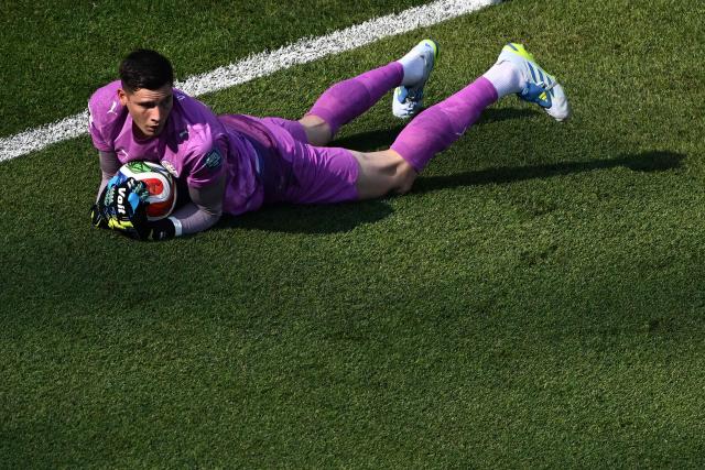 Paraguay's goalkeeper #12 Orlando Gill holds the ball during the 2026 World Cup round of 32 football match between Germany and Paraguay at the Boston Stadium in Foxborough on June 29, 2026.  (Photo by Jewel SAMAD / AFP)