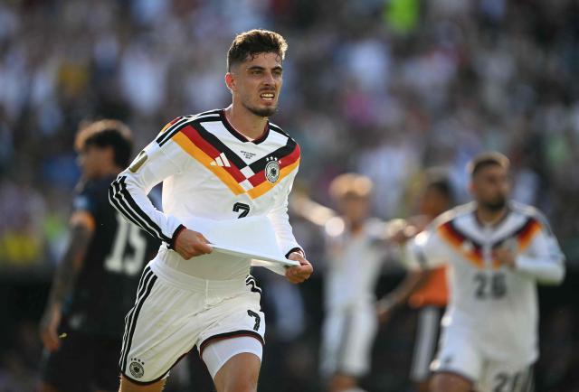 TOPSHOT - Germany's forward #07 Kai Havertz celebrates scoring his team's first goal during the 2026 World Cup round of 32 football match between Germany and Paraguay at the Boston Stadium in Foxborough on June 29, 2026.  (Photo by MAURO PIMENTEL / AFP)