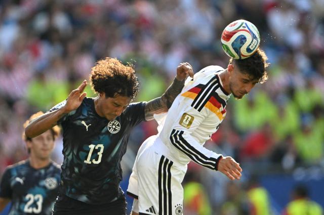 TOPSHOT - Germany's forward #07 Kai Havertz scores his team's first goal during the 2026 World Cup round of 32 football match between Germany and Paraguay at the Boston Stadium in Foxborough on June 29, 2026.  (Photo by MAURO PIMENTEL / AFP)