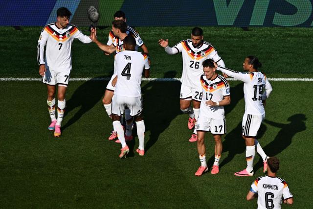 Germany's forward #07 Kai Havertz celebrates scoring his team's first goal with teammates during the 2026 World Cup round of 32 football match between Germany and Paraguay at the Boston Stadium in Foxborough on June 29, 2026.  (Photo by Jewel SAMAD / AFP)