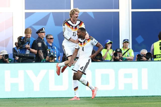Germany's defender #04 Jonathan Tah celebrates a goal which was later disallowed after a VAR review with teammate forward #11 Nick Woltemade during the 2026 World Cup round of 32 football match between Germany and Paraguay at the Boston Stadium in Foxborough on June 29, 2026.  (Photo by CHARLY TRIBALLEAU / AFP)