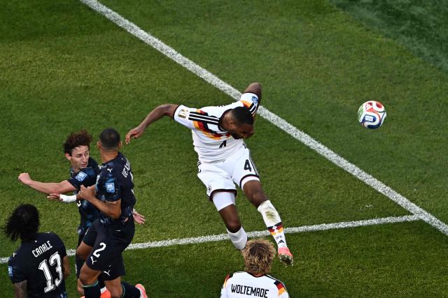 Germany's defender #04 Jonathan Tah scores a goal which was later disallowed after a VAR review during the 2026 World Cup round of 32 football match between Germany and Paraguay at the Boston Stadium in Foxborough on June 29, 2026.  (Photo by Jewel SAMAD / AFP)