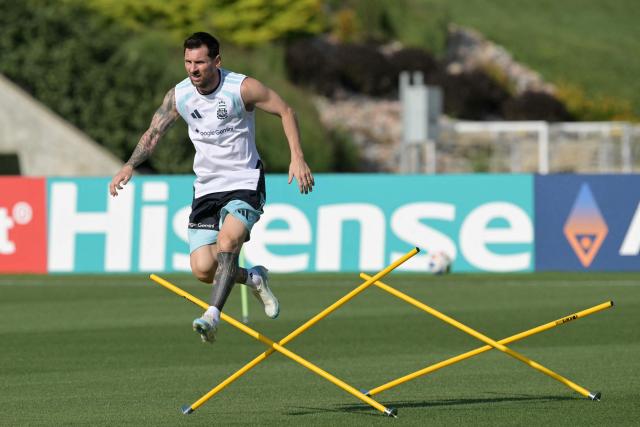 Argentina's forward #10 Lionel Messi takes part in a training session ahead of Argentina's 2026 World Cup football tournament round of 32 match against Cape Verde at Sporting KC Training Centre in Kansas City on June 29, 2026. (Photo by JUAN MABROMATA / AFP)