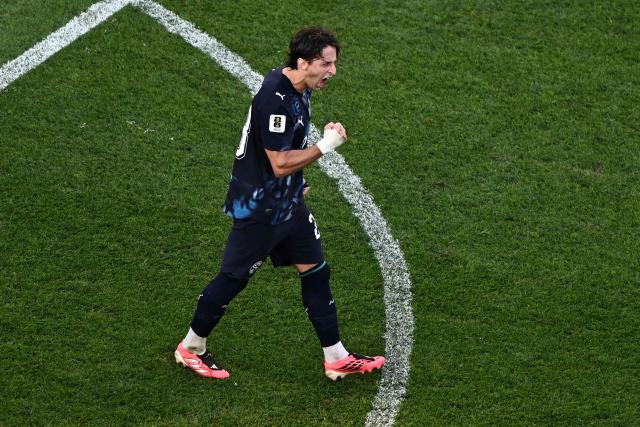 Paraguay's midfielder #23 Matias Galarza celebrates scoring a penalty kick during the penalty shootout of the 2026 World Cup round of 32 football match between Germany and Paraguay at the Boston Stadium in Foxborough on June 29, 2026.  (Photo by Jewel SAMAD / AFP)