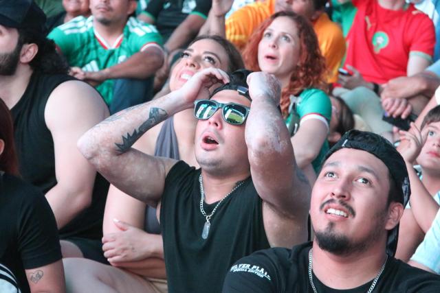 Football fans react at the FIFA Fan Fest during the 2026 FIFA World Cup football match between the Netherlands and Morocco at Parque Fundidora in Monterrey, Mexico, on June 29, 2026. (Photo by Julio Cesar SALAZAR / AFP)