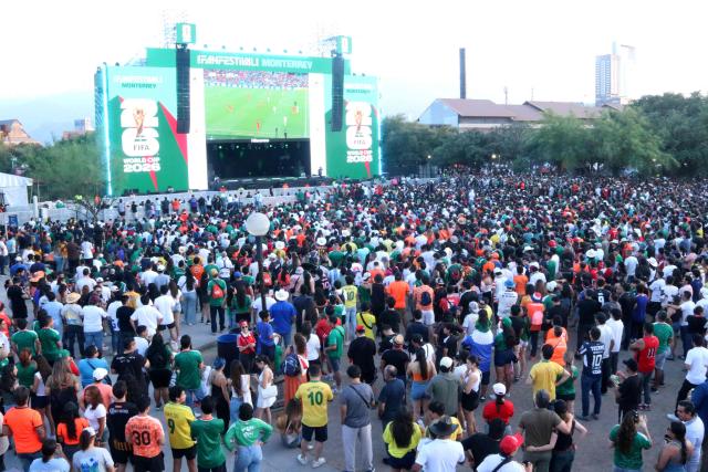 Football fans gather at the FIFA Fan Fest to watch a live broadcast of the 2026 FIFA World Cup football match between the Netherlands and Morocco at Parque Fundidora in Monterrey, Mexico, on June 29, 2026. (Photo by Julio Cesar SALAZAR / AFP)