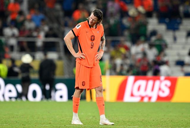 Netherlands' forward #09 Wout Weghorst reacts after losing the penalty shootout of the 2026 World Cup round of 32 football match between the Netherlands and Morocco at the Monterrey Stadium in Guadalupe on June 29, 2026.  (Photo by Alfredo ESTRELLA / AFP)