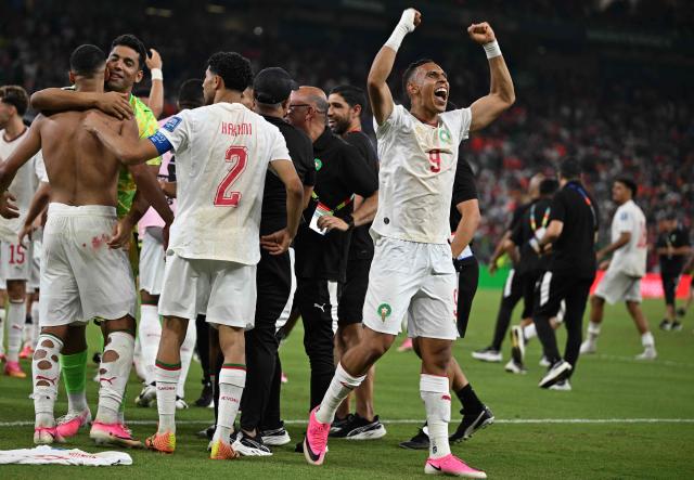 Morocco's forward #09 Soufiane Rahimi celebrates after winning the penalty shootout of the 2026 World Cup round of 32 football match between the Netherlands and Morocco at the Monterrey Stadium in Guadalupe on June 29, 2026.  (Photo by Alfredo ESTRELLA / AFP)