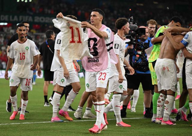 Morocco's midfielder #23 Bilal El Khannouss celebrates after winning the penalty shootout of the 2026 World Cup round of 32 football match between the Netherlands and Morocco at the Monterrey Stadium in Guadalupe on June 29, 2026.  (Photo by Alfredo ESTRELLA / AFP)