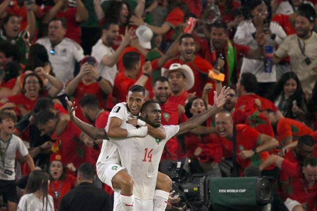 TOPSHOT - Morocco's defender #14 Issa Diop (R) celebrates scoring his team's first goal with forward #09 Soufiane Rahimi during the 2026 World Cup round of 32 football match between the Netherlands and Morocco at the Monterrey Stadium in Guadalupe on June 29, 2026.  (Photo by Alfredo ESTRELLA / AFP)