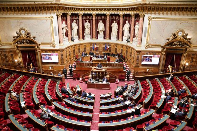 (FILES) France's Justice Minister Gerald Darmanin delivers a speech during the review of criminal justice reform (Darmanin law), which intends to shorten trial times, at the Senate in Paris on April 13, 2026. French Senate voted on June 30, 2026 overnight to allow the temporary and regulated reintroduction of two insecticides that are banned in France but authorized elsewhere in Europe—a provision revived from the Duplomb Act and included in the emergency agricultural bill. (Photo by Ludovic MARIN / AFP)